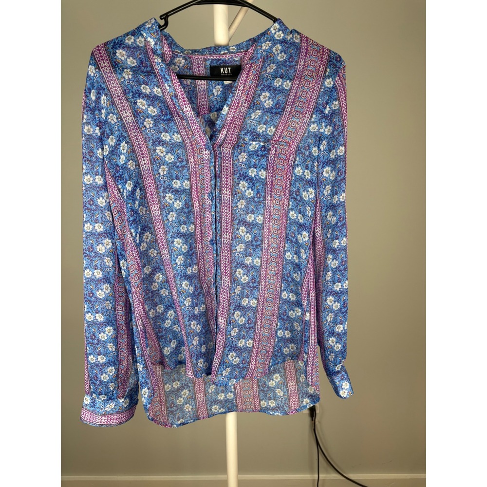 KUT from the Kloth Blue Floral Border Print Button Down Blouse XS KT32138 Boho - Picture 2 of 6